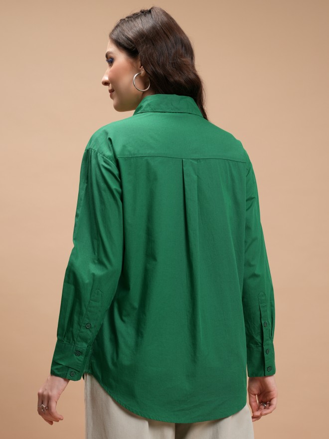 Tokyo Talkies Women Green Solid Casual Shirts 