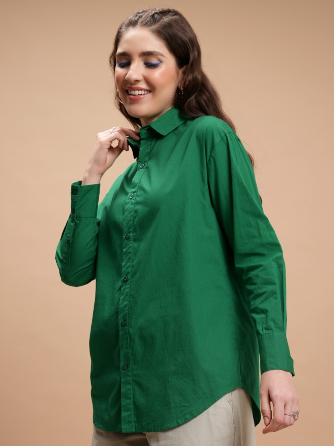 Tokyo Talkies Women Green Solid Casual Shirts 