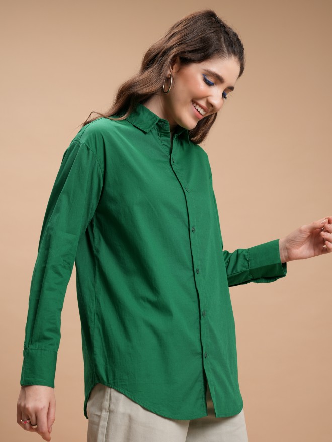 Tokyo Talkies Women Green Solid Casual Shirts 