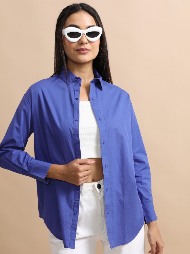 Tokyo Talkies Women Blue Solid Casual Shirts 