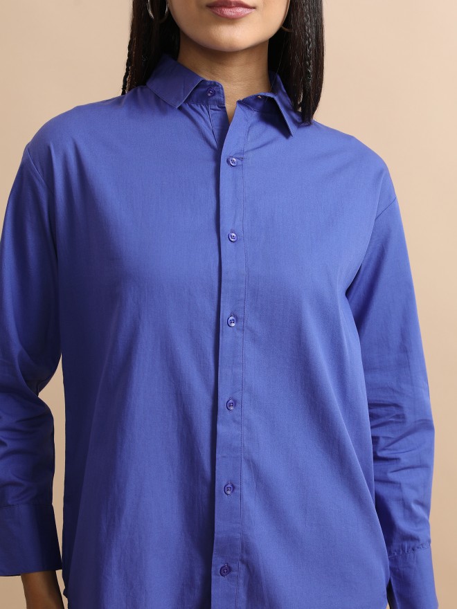 Tokyo Talkies Women Blue Solid Casual Shirts 