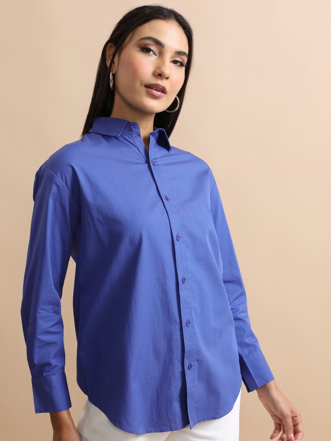 Tokyo Talkies Women Blue Solid Casual Shirts 