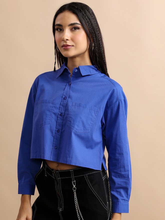 Tokyo Talkies Women Blue Solid Casual Shirts 