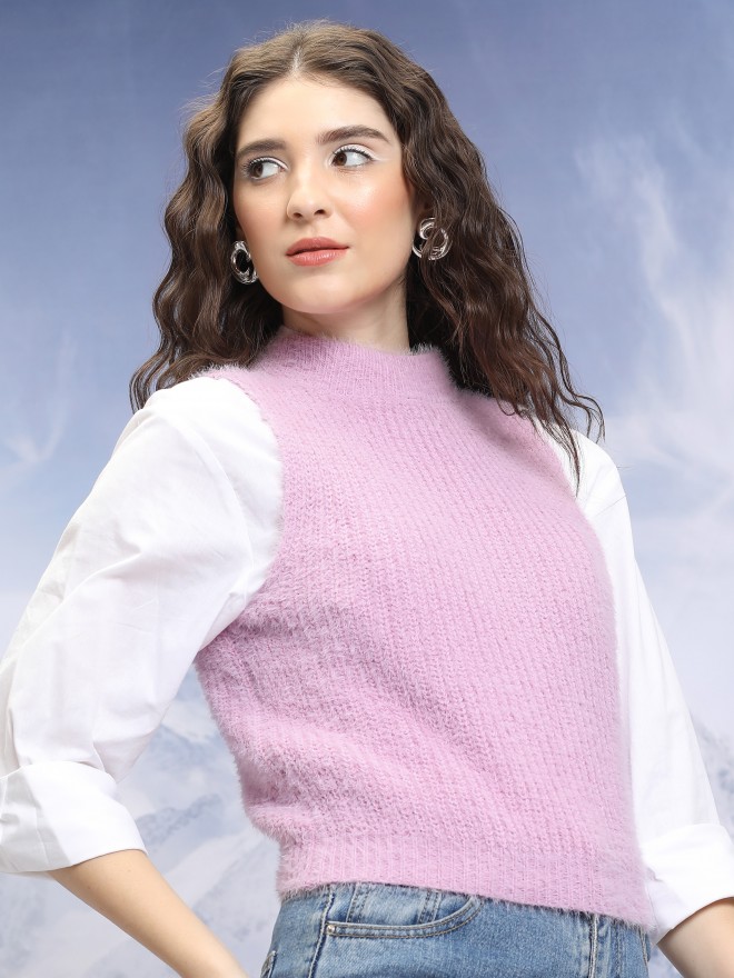 Tokyo Talkies Women Mauve Mock Collar Sweaters