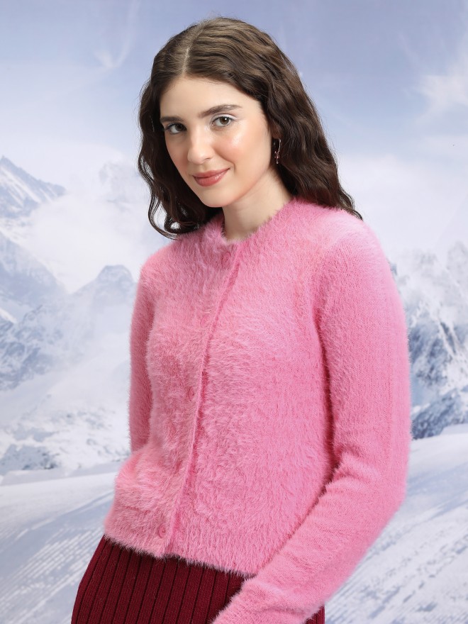 Tokyo Talkies Women Pink Round Neck Sweaters 