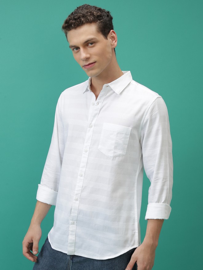 Ketch Men White Striped Slim Fit Casual Shirts 