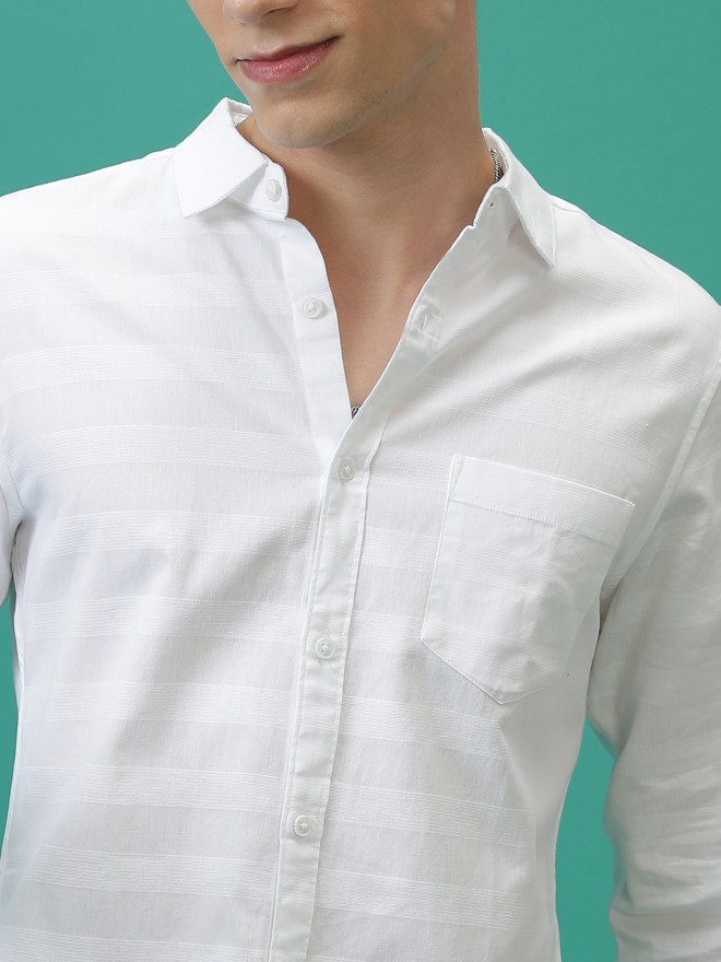 Ketch Men White Striped Slim Fit Casual Shirts 