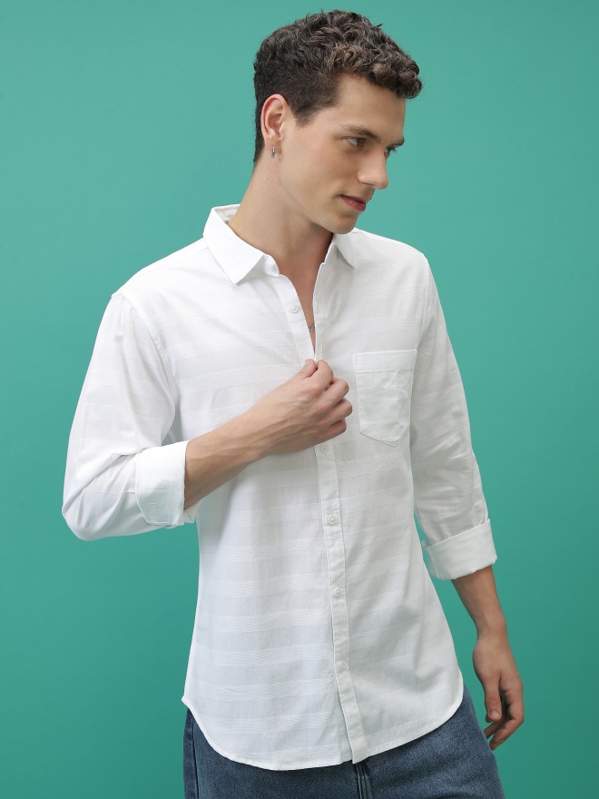 Ketch Men White Striped Slim Fit Casual Shirts 