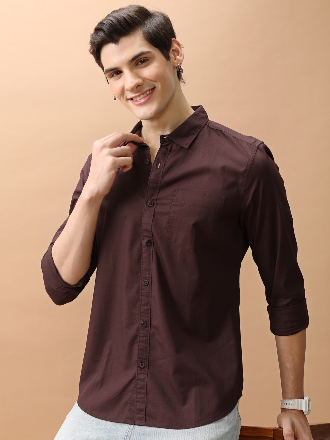 Highlander Men Brown Solid Slim Fit Casual Shirts 