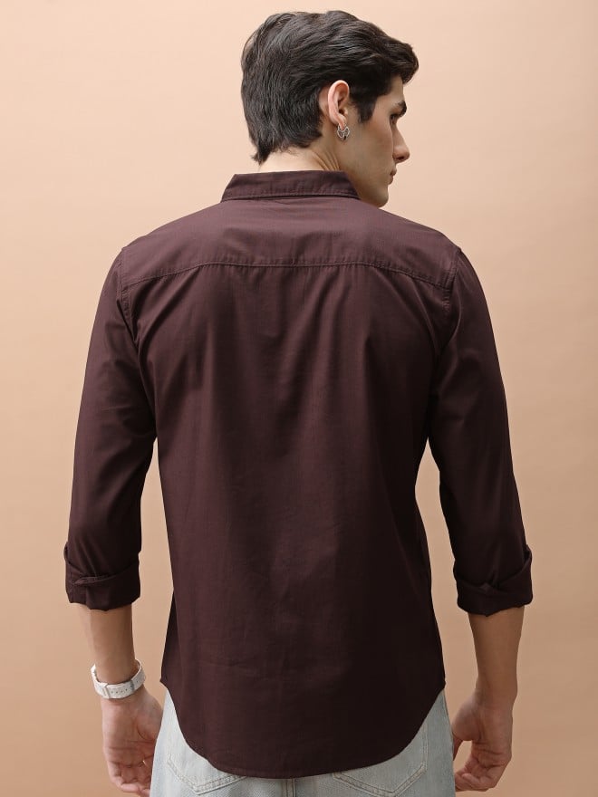 Highlander Men Brown Solid Slim Fit Casual Shirts 