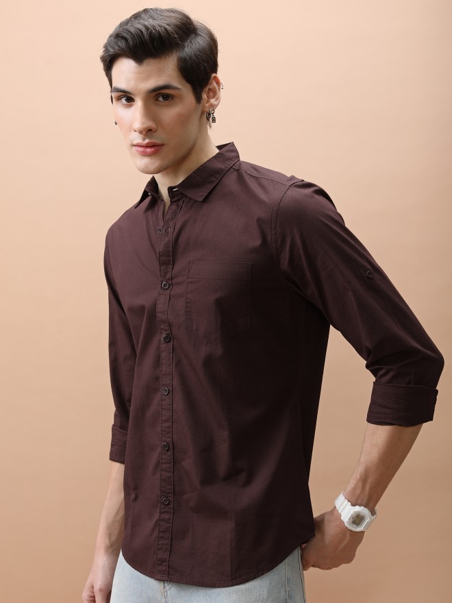 Highlander Men Brown Solid Slim Fit Casual Shirts 