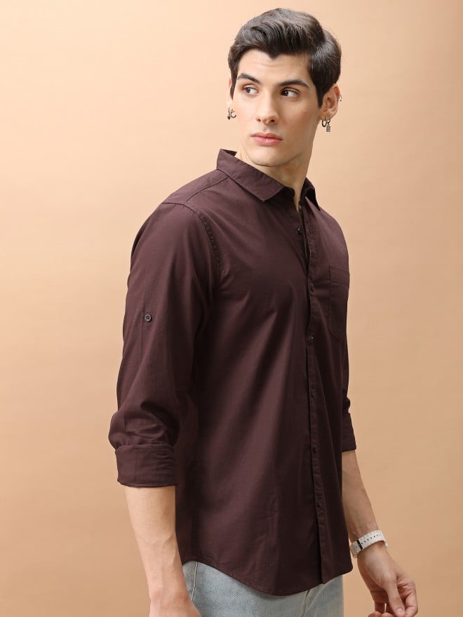 Highlander Men Brown Solid Slim Fit Casual Shirts 