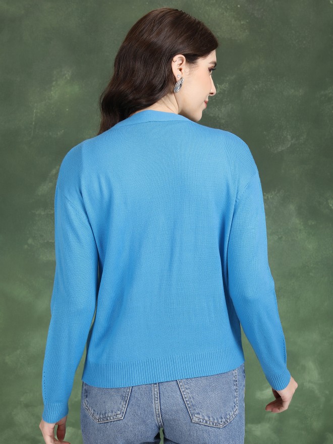 Tokyo Talkies Women Blue V-Neck Sweaters 