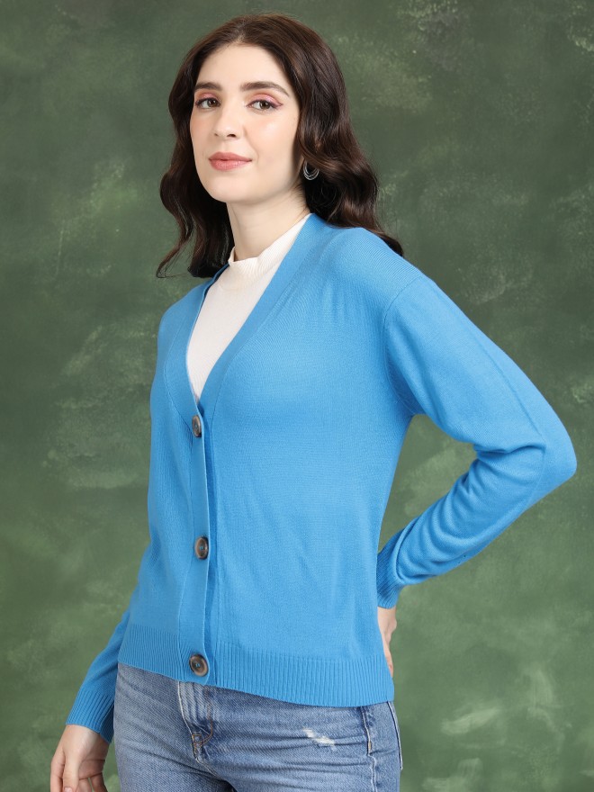 Tokyo Talkies Women Blue V-Neck Sweaters 