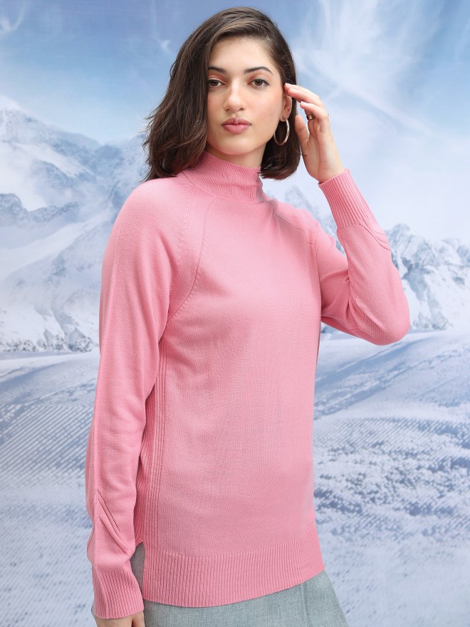 Tokyo Talkies Women Pink Mock Collar Sweaters 