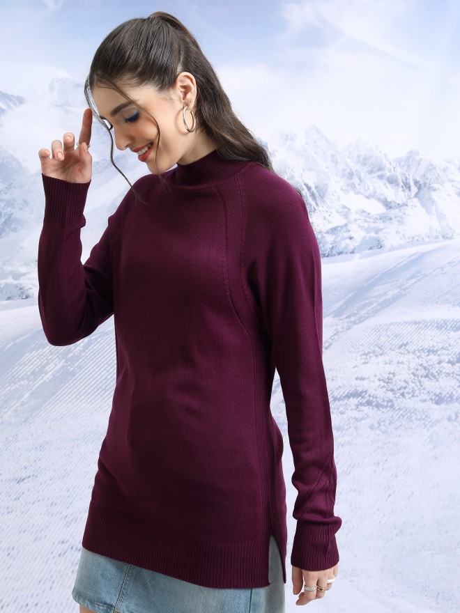 Tokyo Talkies Women Purple Turtle Neck Sweaters 