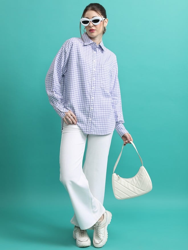 Tokyo Talkies Women Lavender Checked Casual Shirts 