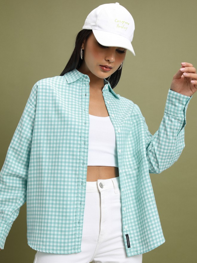 Tokyo Talkies Women Teal Checked Casual Shirts 