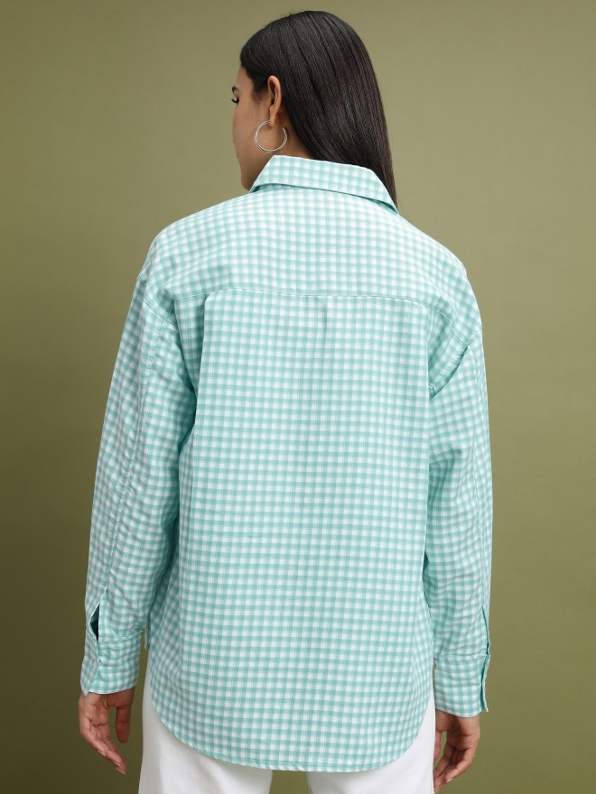 Tokyo Talkies Women Teal Checked Casual Shirts 