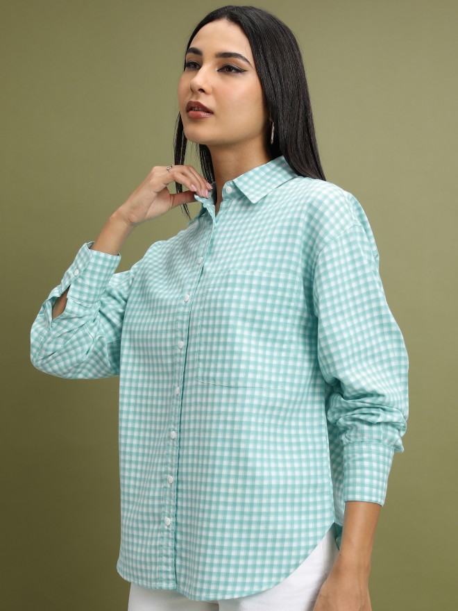 Tokyo Talkies Women Teal Checked Casual Shirts 