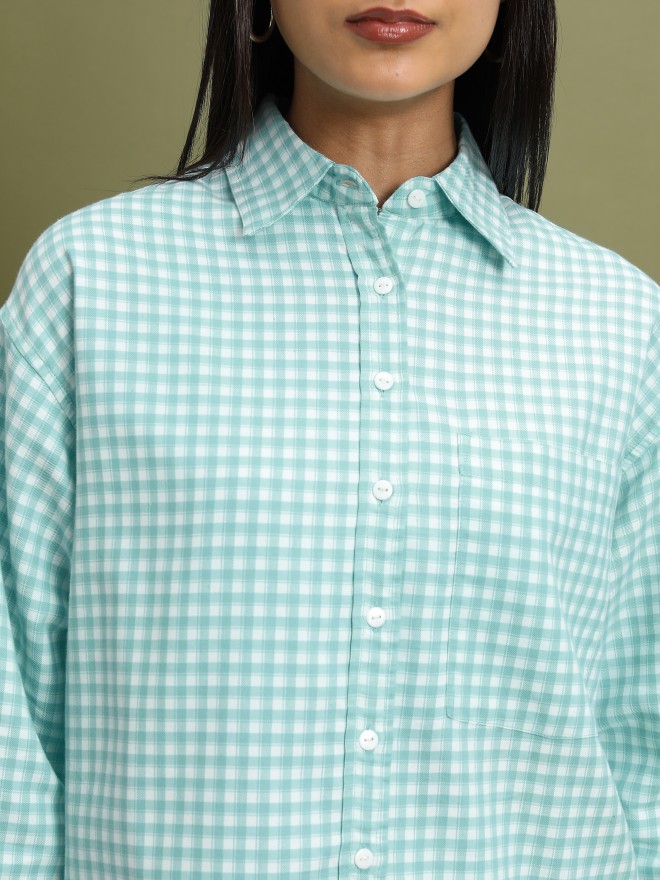 Tokyo Talkies Women Teal Checked Casual Shirts 