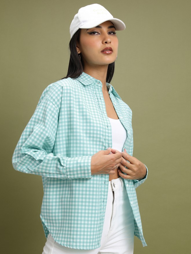 Tokyo Talkies Women Teal Checked Casual Shirts 