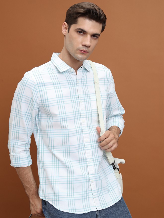 Highlander Men White Checked Slim Fit Casual Shirts 