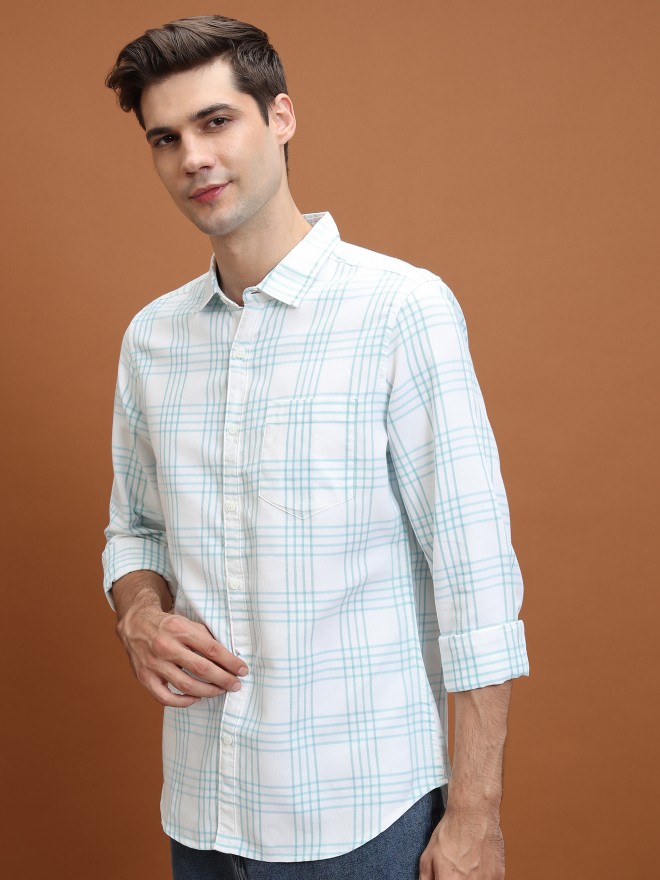 Highlander Men White Checked Slim Fit Casual Shirts 