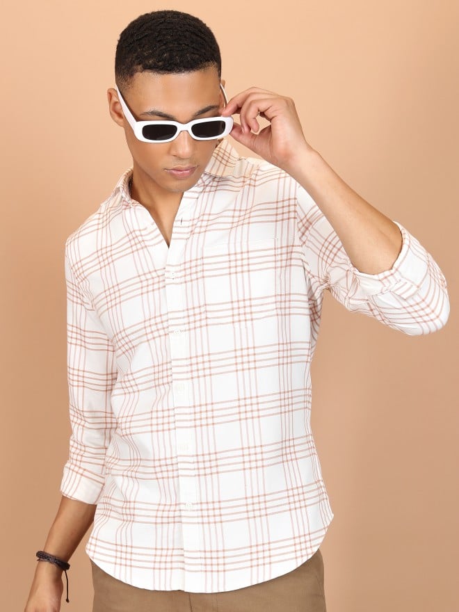 Highlander Men White Checked Slim Fit Casual Shirts 