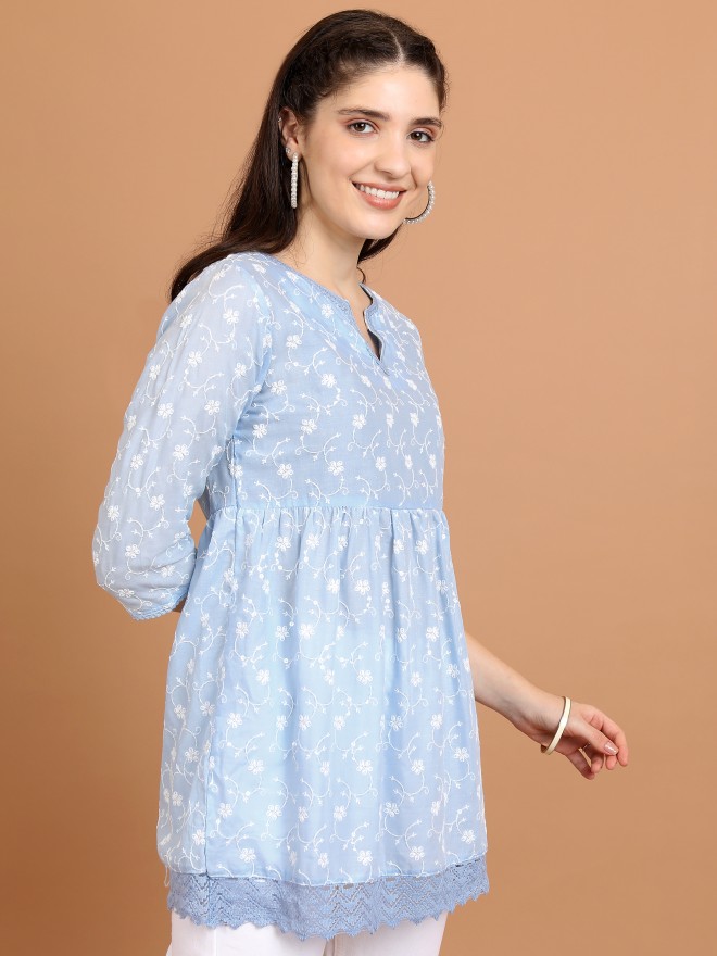 Vishudh Women Blue Woven Design A-Line Kurtas 