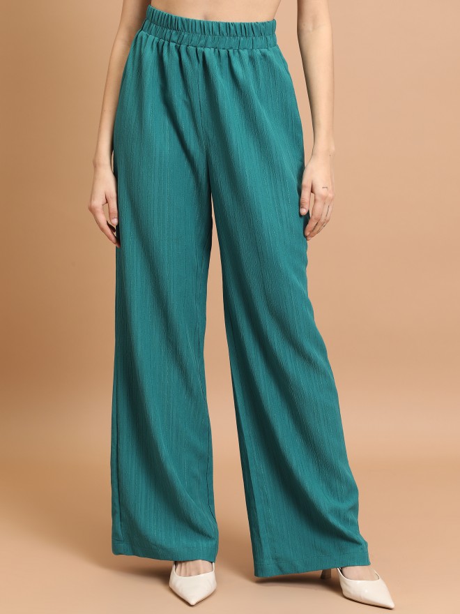 Tokyo Talkies Women Teal Striped Flared Casual Trousers 