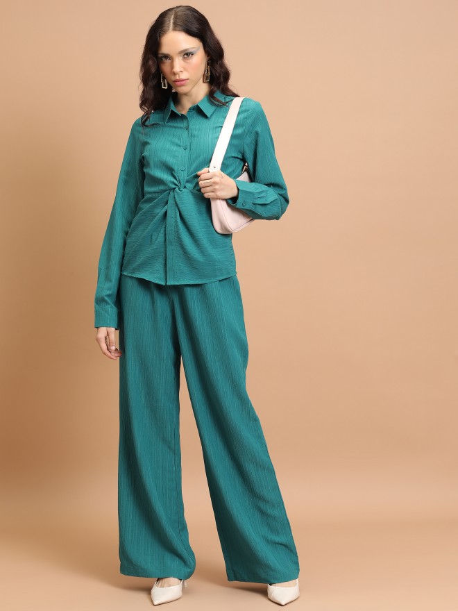 Tokyo Talkies Women Teal Striped Flared Casual Trousers 