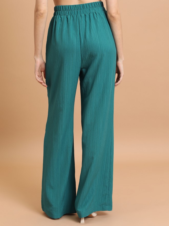 Tokyo Talkies Women Teal Striped Flared Casual Trousers 