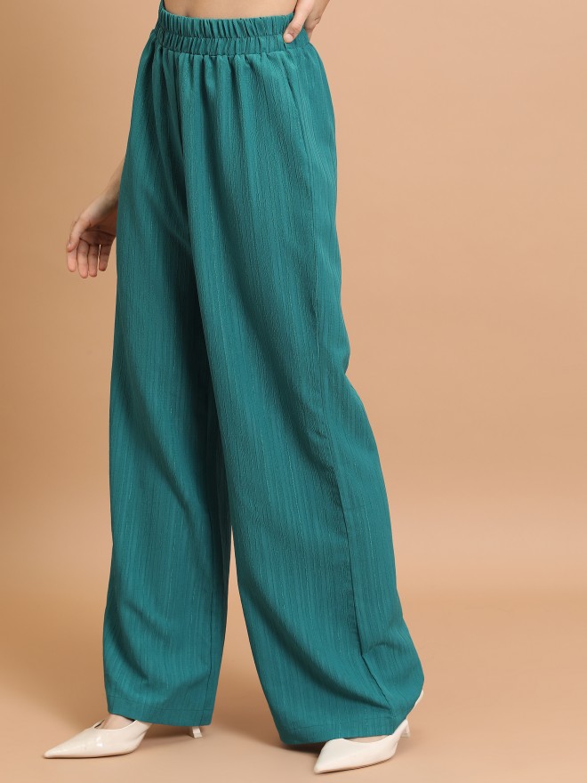 Tokyo Talkies Women Teal Striped Flared Casual Trousers 