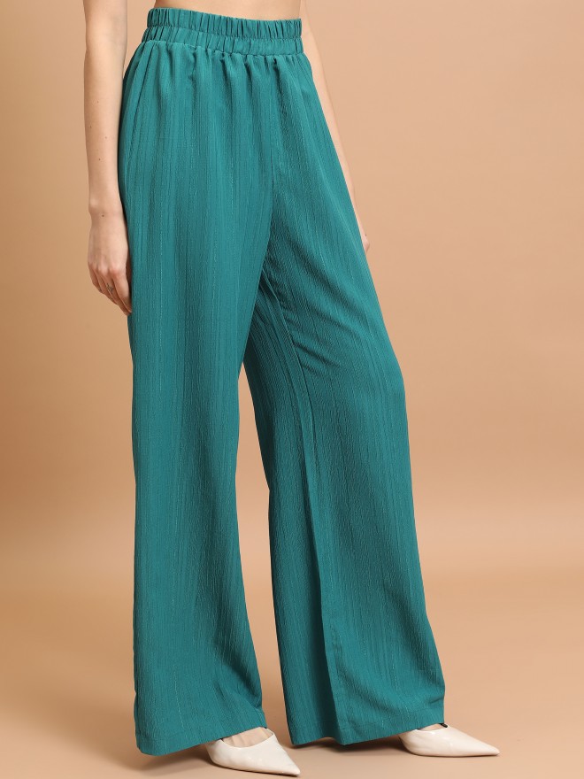 Tokyo Talkies Women Teal Striped Flared Casual Trousers 