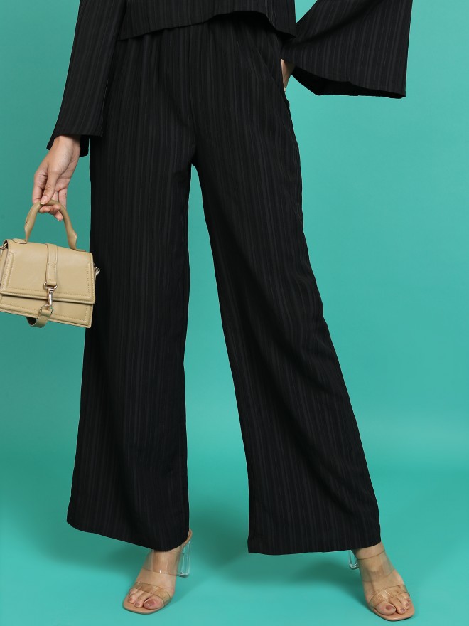 Tokyo Talkies Women Black Striped Flared Casual Trousers 