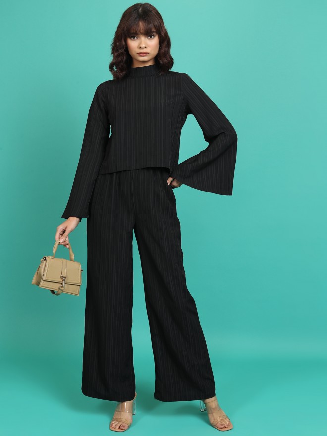 Tokyo Talkies Women Black Striped Flared Casual Trousers 