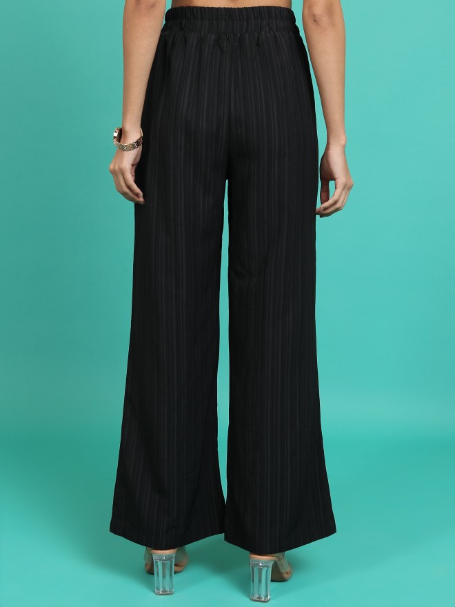 Tokyo Talkies Women Black Striped Flared Casual Trousers 