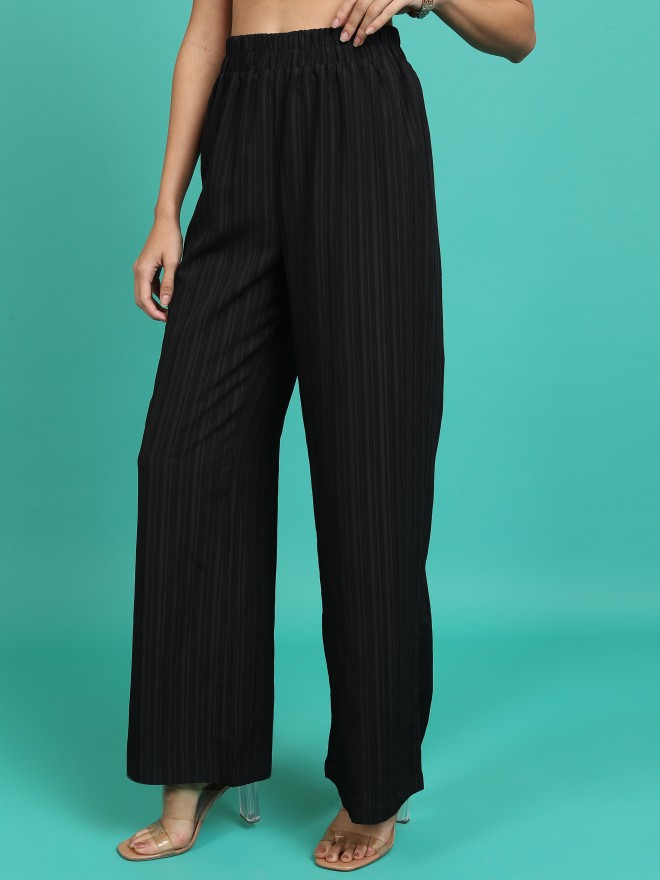 Tokyo Talkies Women Black Striped Flared Casual Trousers 