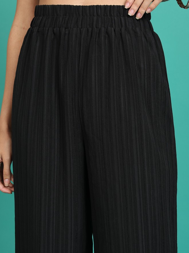 Tokyo Talkies Women Black Striped Flared Casual Trousers 