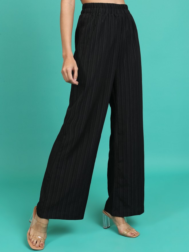 Tokyo Talkies Women Black Striped Flared Casual Trousers 