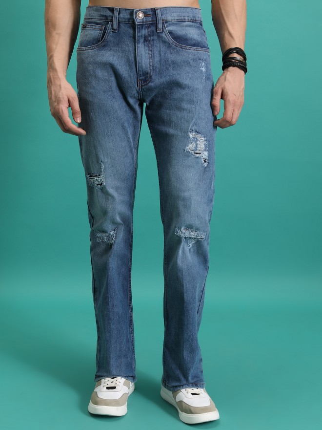 Buy Highlander Light Blue Bootcut Highly Distressed Stretchable Jeans ...