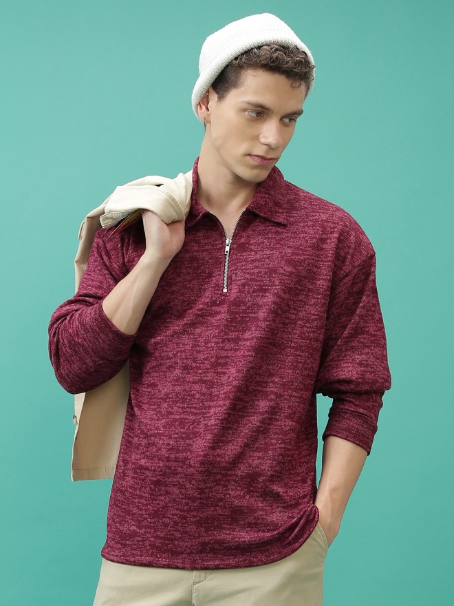 Highlander Men Maroon Shirt Collar Pullover Sweaters 