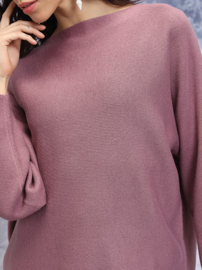 Tokyo Talkies Women Purple Boat Neck Sweaters 