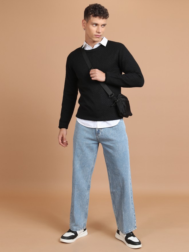 Highlander Men Black Round Neck Pullover Sweaters 