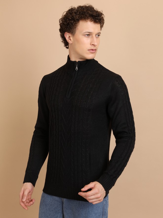 Buy Highlander Black Half Zipper Cable Knit Sweater for Men Online