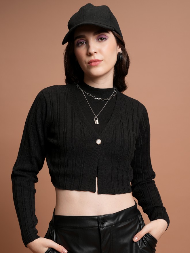 Buy Tokyo Talkies Black V-Neck Cropped Sweater for Women Online at Rs ...