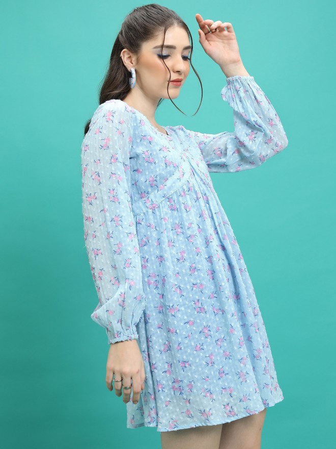 Tokyo Talkies Women Blue Printed Fit And Flare Dresses 