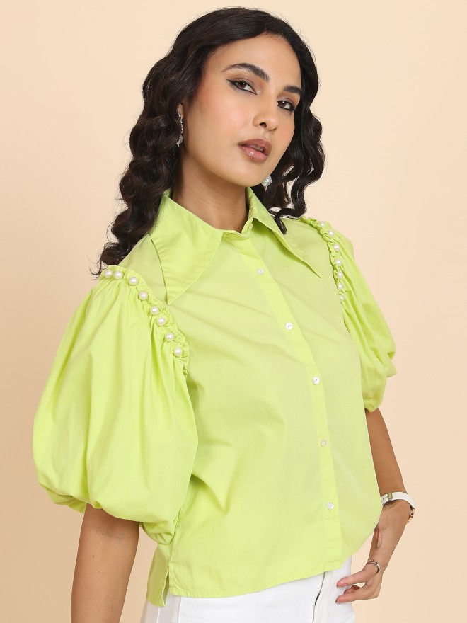 Tokyo Talkies Women Green Solid Casual Shirts 