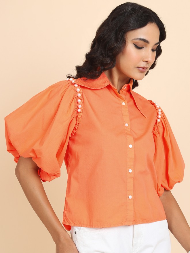 Tokyo Talkies Women Coral Solid Casual Shirts 